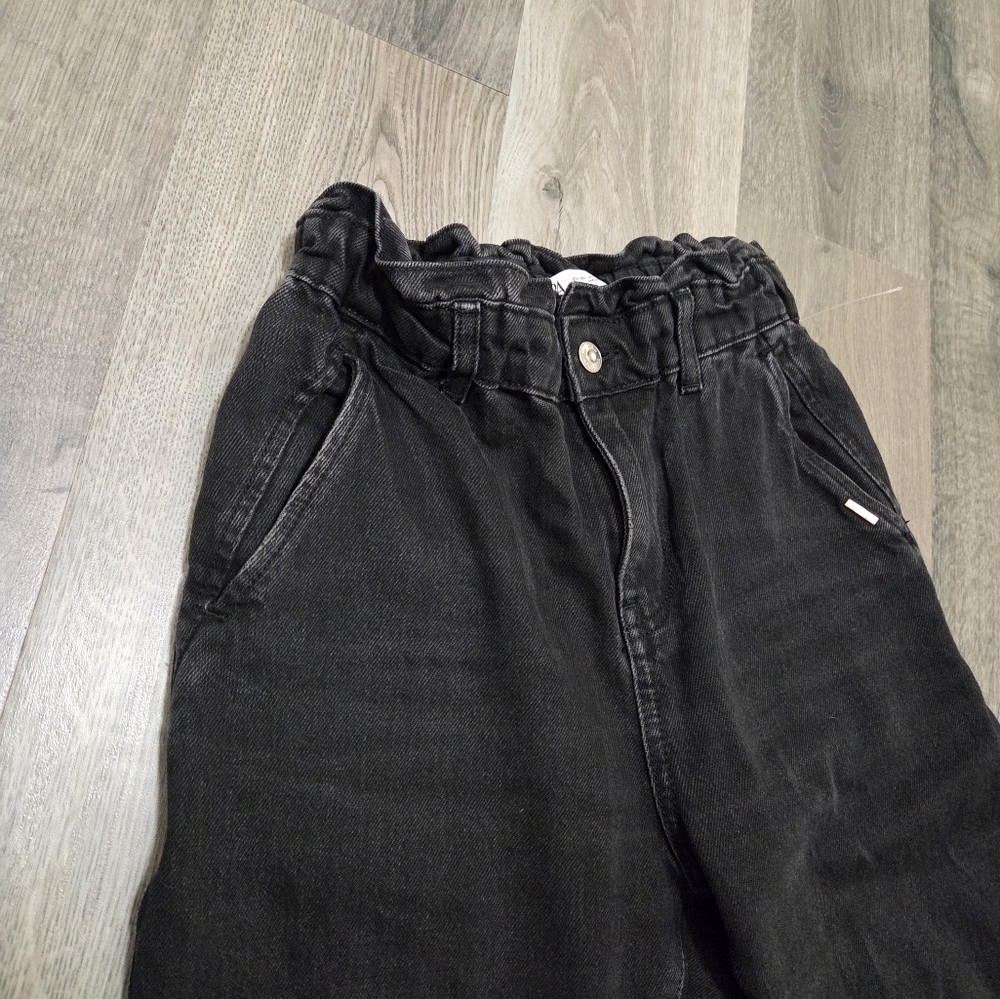 Zara Black High-Waist Jeans 100% Cotton Paperbag Waist Straight Leg Trendy Denim - Picture 4 of 12